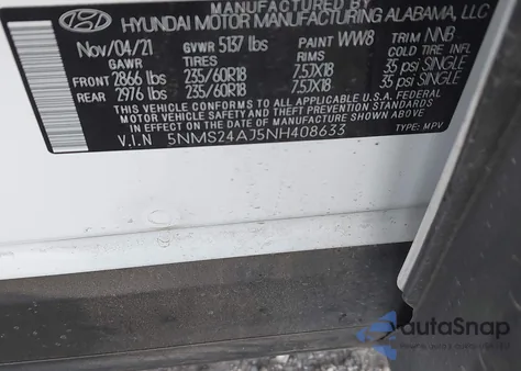 2022 Hyundai Santa Fe Sel z USA, uszkodzony, nr VIN 5NMS24AJ5NH408633